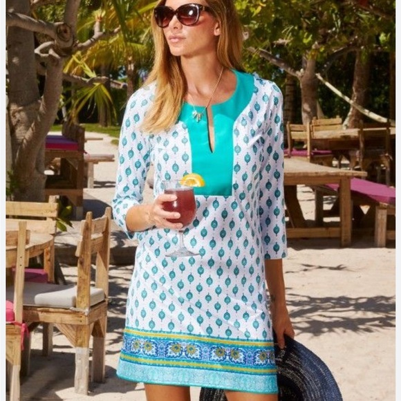 Cabana Life UPF 50 Women's Off-Shoulder Turquoise Resort Mini Dress Beach Cruise - Picture 15 of 16